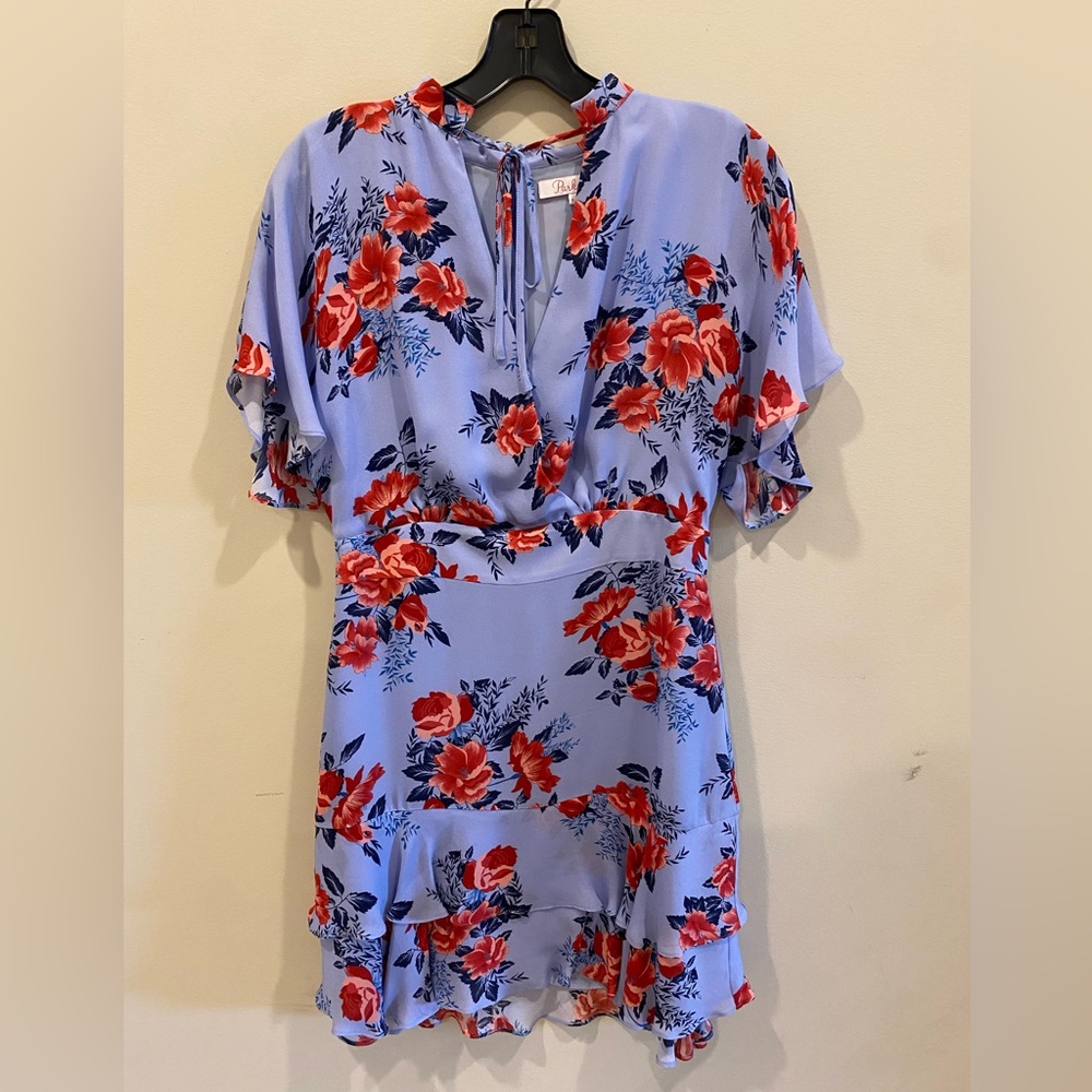Parker Periwinkle w/ Blue & Red Floral Print Short Sleeve Dress, size 4